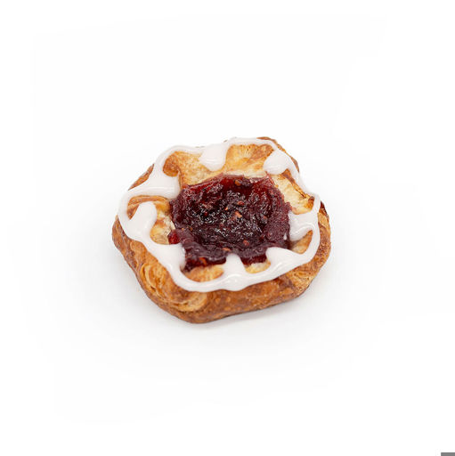 80244 Schulstad Mini Raspberry Crown Danish Pastry with a thick raspberry purée filling centered between 24 layers of pastry dough. Icing included.