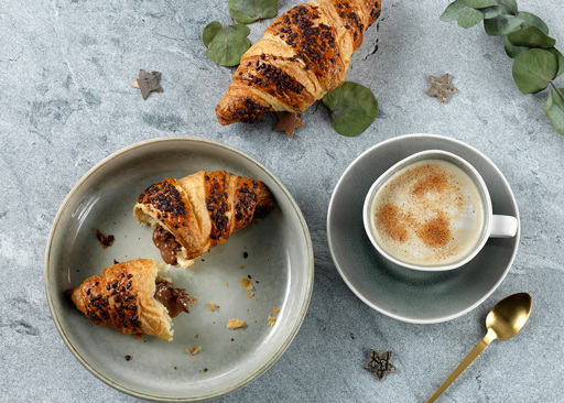 21821500 Schulstad Chocolate Hazelnut Filled Croissants Plated with Cappuccino