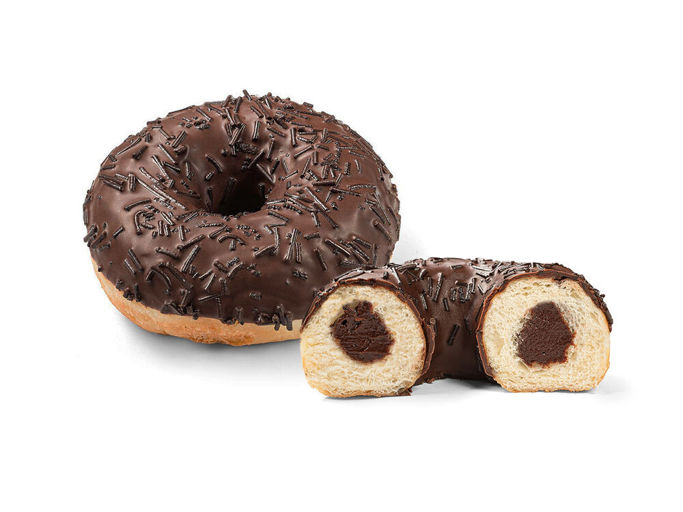 Ready-to-eat Chocolatey Filled Ring Donut coated in a rich cocoa glaze and topped with cocoa sprinkles. Inside, a velvety smooth chocolatey filling awaits.