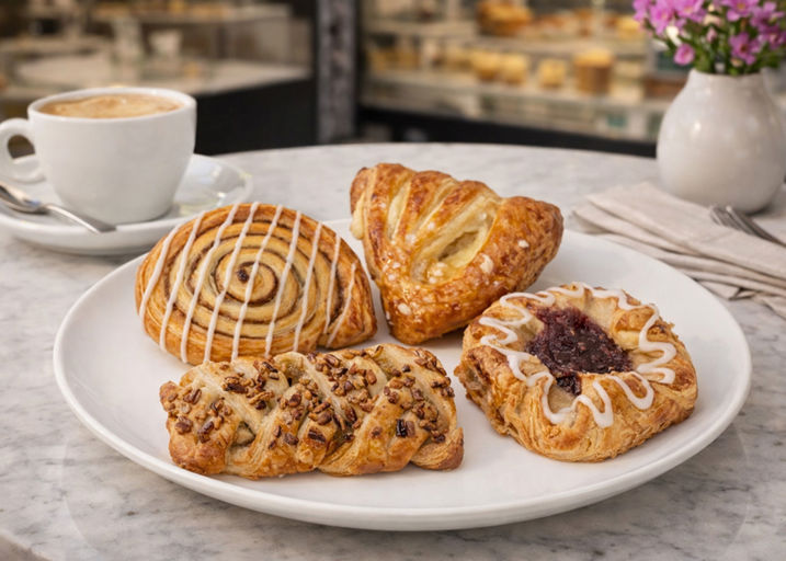 Schulstad Large Danish Selection of Pastries at Cafe. Featuring Maple Pecan Plait, Cinnamon Swirl, Raspberry Crown, and Lemon Crème Fan