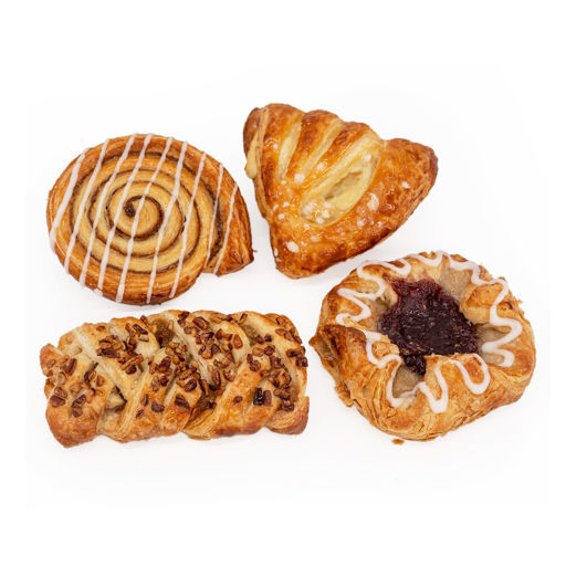 Schulstad Large Danish Selection of Pastries including Maple Pecan Plait, Cinnamon Swirl, Raspberry Crown, and Lemon Crème Fan