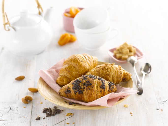 Schulstad Mini Assorted Filled Croissants featuring apricot filling, chocolate filling, and almond filling.