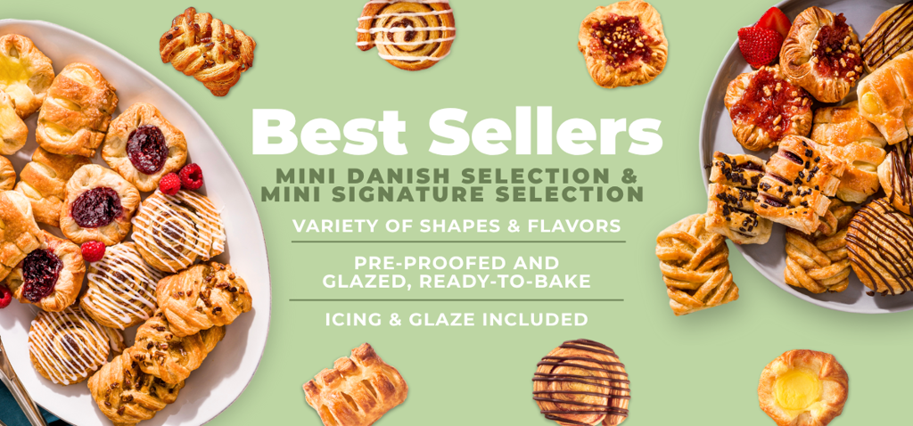 Best Selling Mini Danish Assortment Packs Teaser Banner with Green Background - Schulstad USA