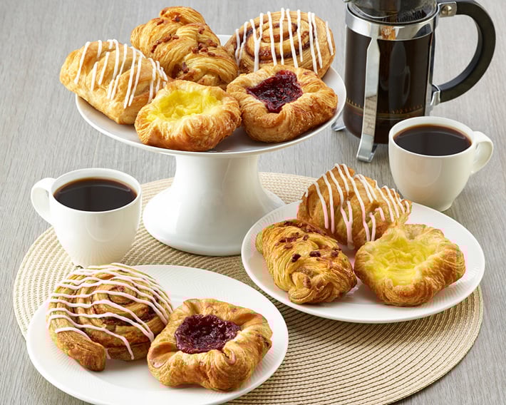 Schulstad Mini Danish Selection of Pastries Paired with Coffee for Breakfast